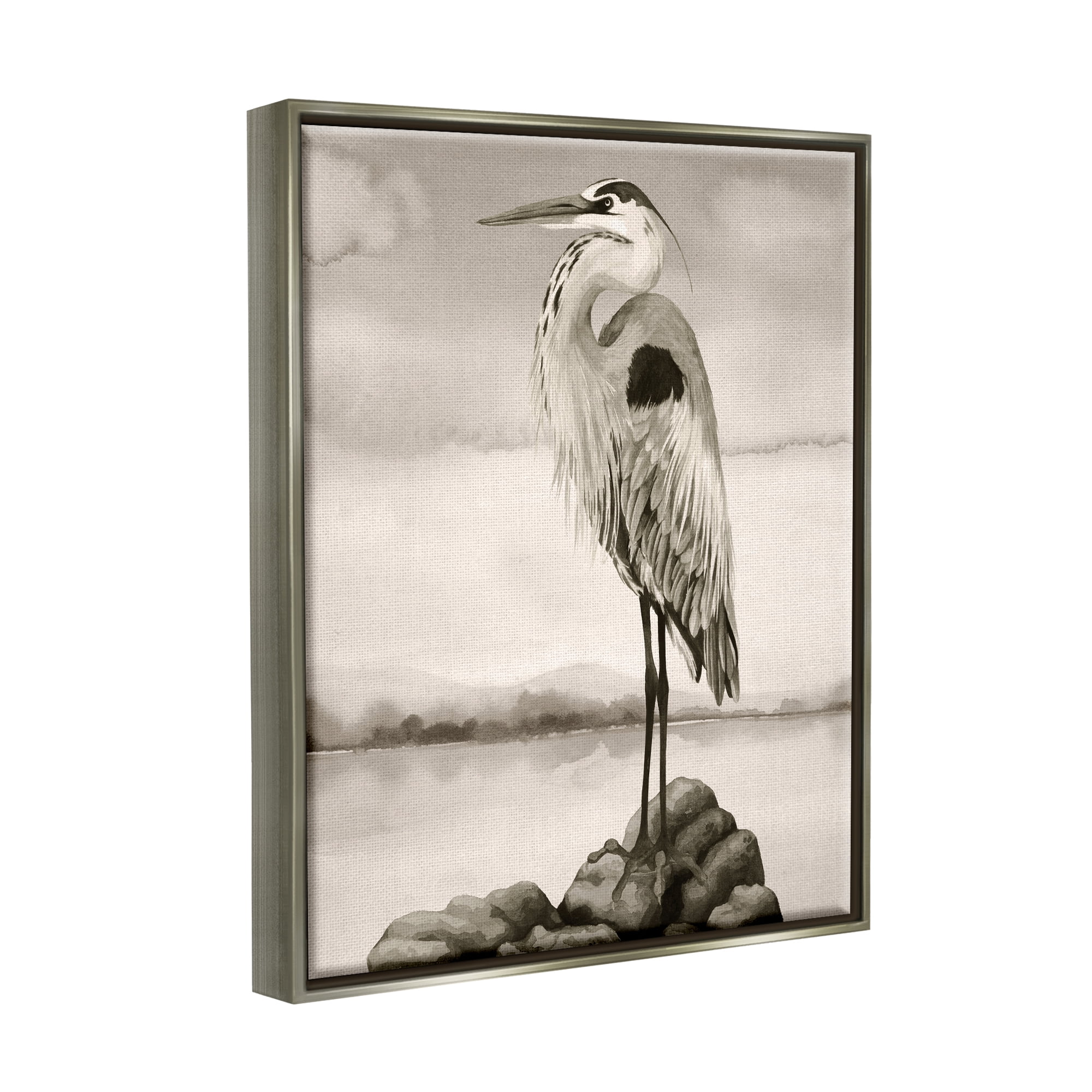 Stupell Industries Grey Heron Perched Animals & Insects Painting Gray Floater Framed Canvas Art Print Wall Art, 17 x 21