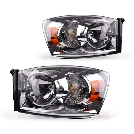 Headlight Assembly for 2006 2007 2008 Dodge Ram 1500 2500 3500 Pickup Replacement Headlamp Driving Light Chromed Housing Amber Reflector Clear