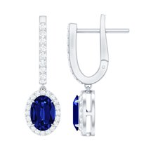 Rosec Jewels Lab Grown Blue Sapphire Drop Earrings with Moissanite for Women - 5X7 mm, 10K White Gold