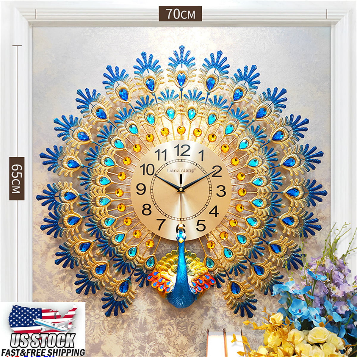Modern Large 27.56inch Peacock Clock Quartz Clock Room Mute Wall Clock