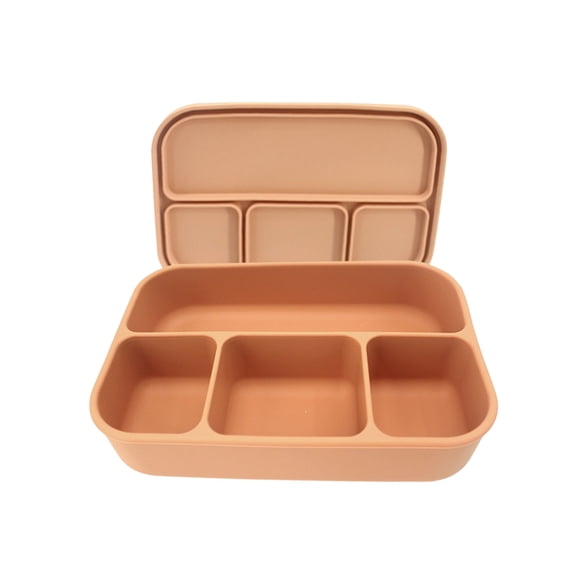 4-Compartment Food-Grade Silicone Microwave Lunch Box, Divided Reusable Bento Container for Meal Prep, Oven Safe Soft Flexible(Light Brown)