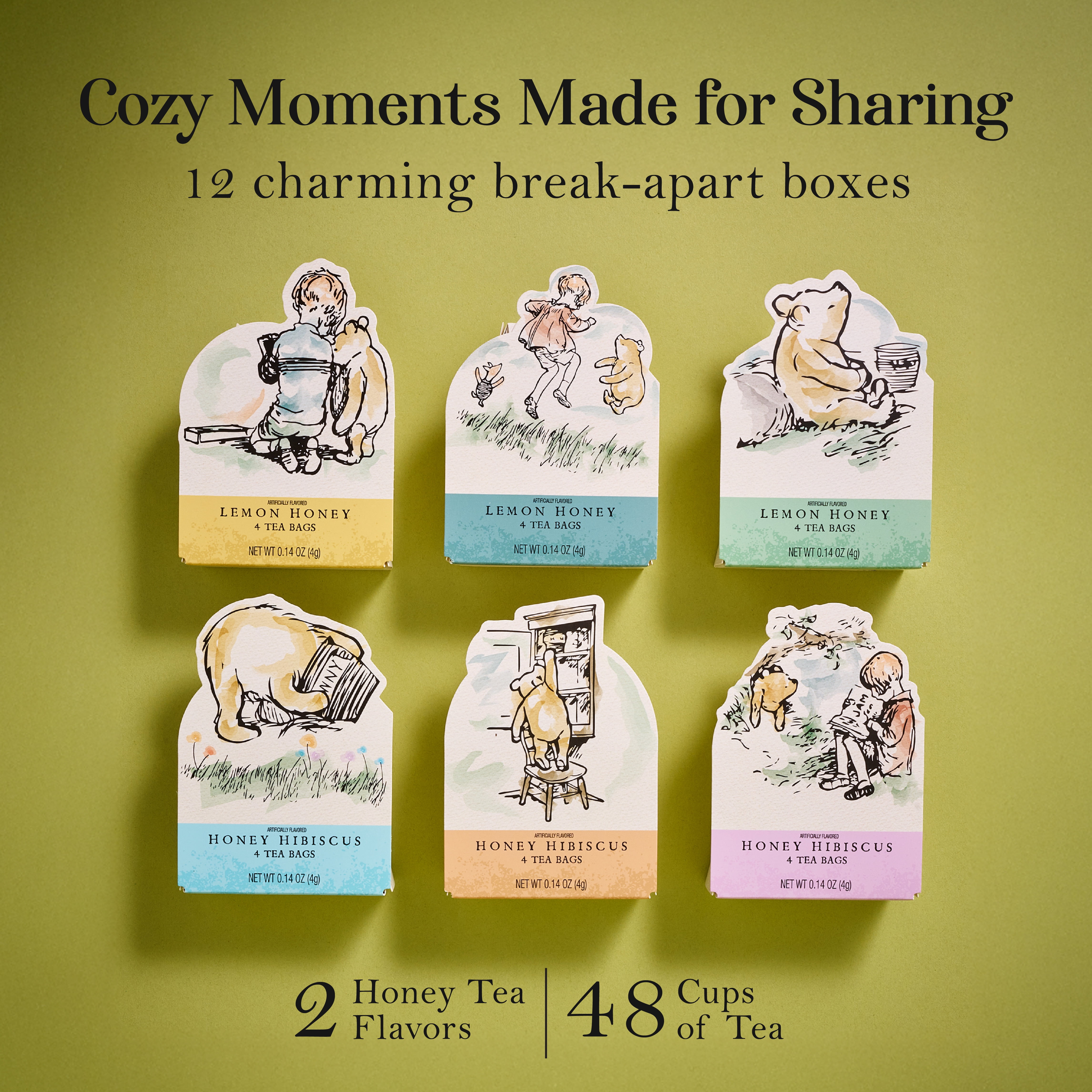 Thoughtfully Classic Winnie-the-Pooh Tea Gift Set, 12 Illustrated Character Boxes with Quotes, Lemon Honey & Honey Hibiscus, 48 Tea Bags Total