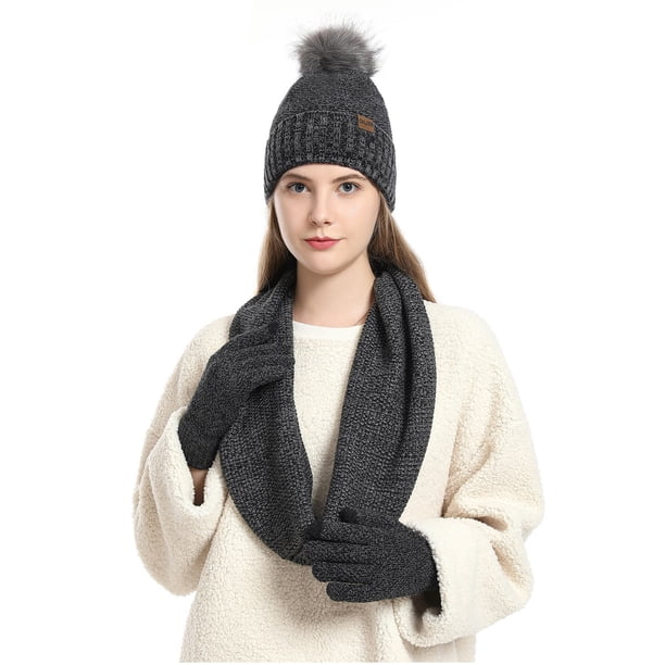 Sombreros de mujer de moda casual de invierno que mantienen el calor sólido conjunto de gorro de punto bufanda guante mujer sombrero de acrílico