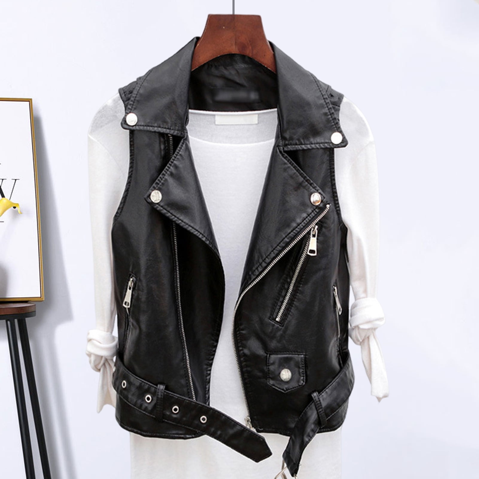 Women Vest Coat Faux Leather Smooth Surface Belt Decor Turn-down Collar Zip-up Sleeveless Zipper Pockets Retro Motorcycle Waistcoat Commuting Travel Outerwear