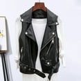 thumbnail image 2 of Women Vest Coat Faux Leather Smooth Surface Belt Decor Turn-down Collar Zip-up Sleeveless Zipper Pockets Retro Motorcycle Waistcoat Commuting Travel Outerwear, 2 of 7