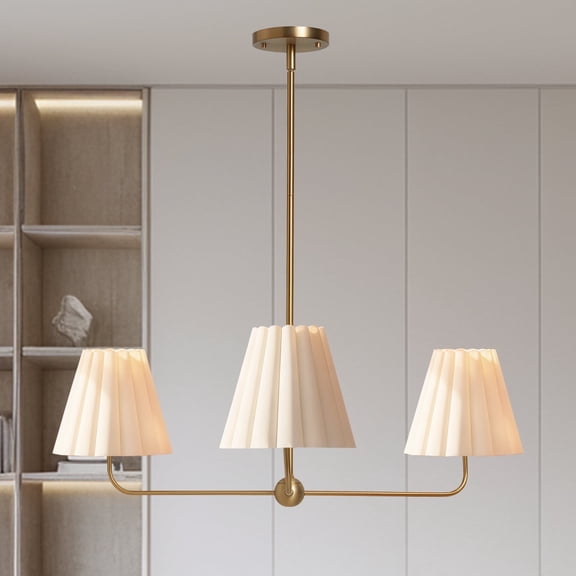 Classic Brass Chandelier with White Linen Shade, 36 Inch Chandelier, Unique Elegant Ceiling Mounted Light, Ceiling Light over Kitchen Island, for Living Room, Dining Room
