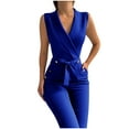 thumbnail image 4 of Aloohaidyvio Women's Elegant Jumpsuits V Neck Sleeveless Straight Belted Long Pants Business Suits Set with Pockets Blue S, 4 of 6
