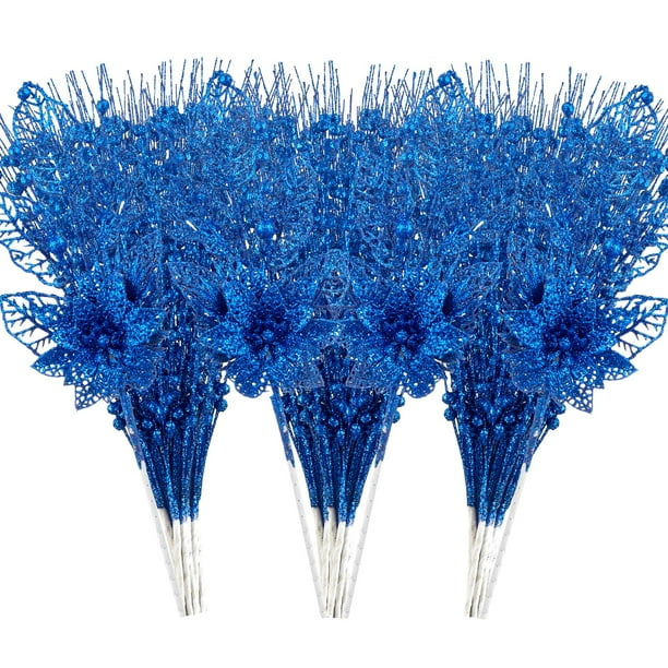 Paquete de 24 adornos para árbol de Navidad: flores artificiales con purpurina, tallos de bayas, púas florales navideñas, ramas para decorar el árbol de Navidad, relleno de jarrones, decoración navide