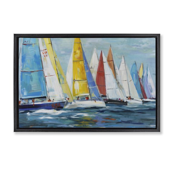 Stupell Industries Eclectic Colorful Sails Coastal Scene Black Floating Frame Canvas Art, 25 x 17, by Lorenzo Collective