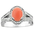 thumbnail image 1 of 10K White Gold Natural Coral Split Ring Oval 8x6mm Diamond Accent, size 6, 1 of 2