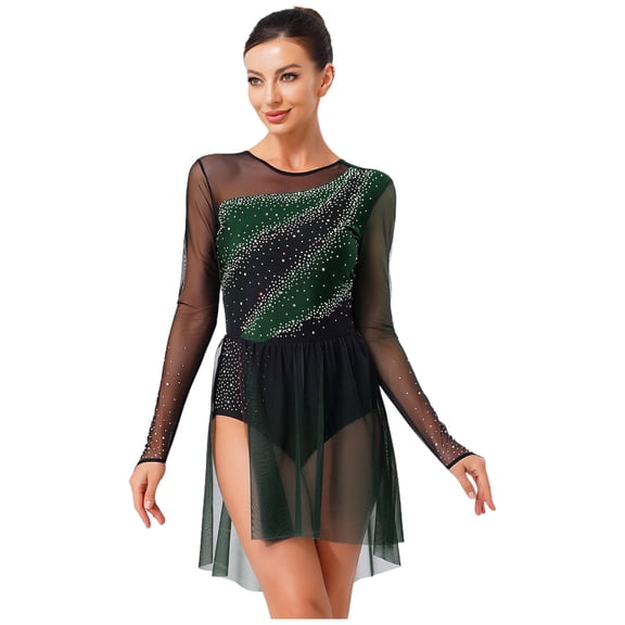 Doomiva Figure Skating Dress for Women Long Sleeve Mesh Rhinestone Gymnastics Competition Leotard Dancewear Dark Green L
