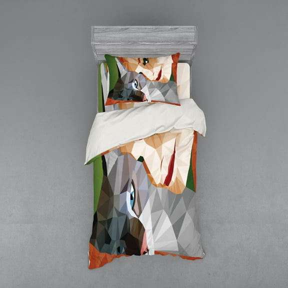 Ambesonne Animal Bedding Set 3 Pcs, Geometric Mosaic Kitten, Twin, Multicolor