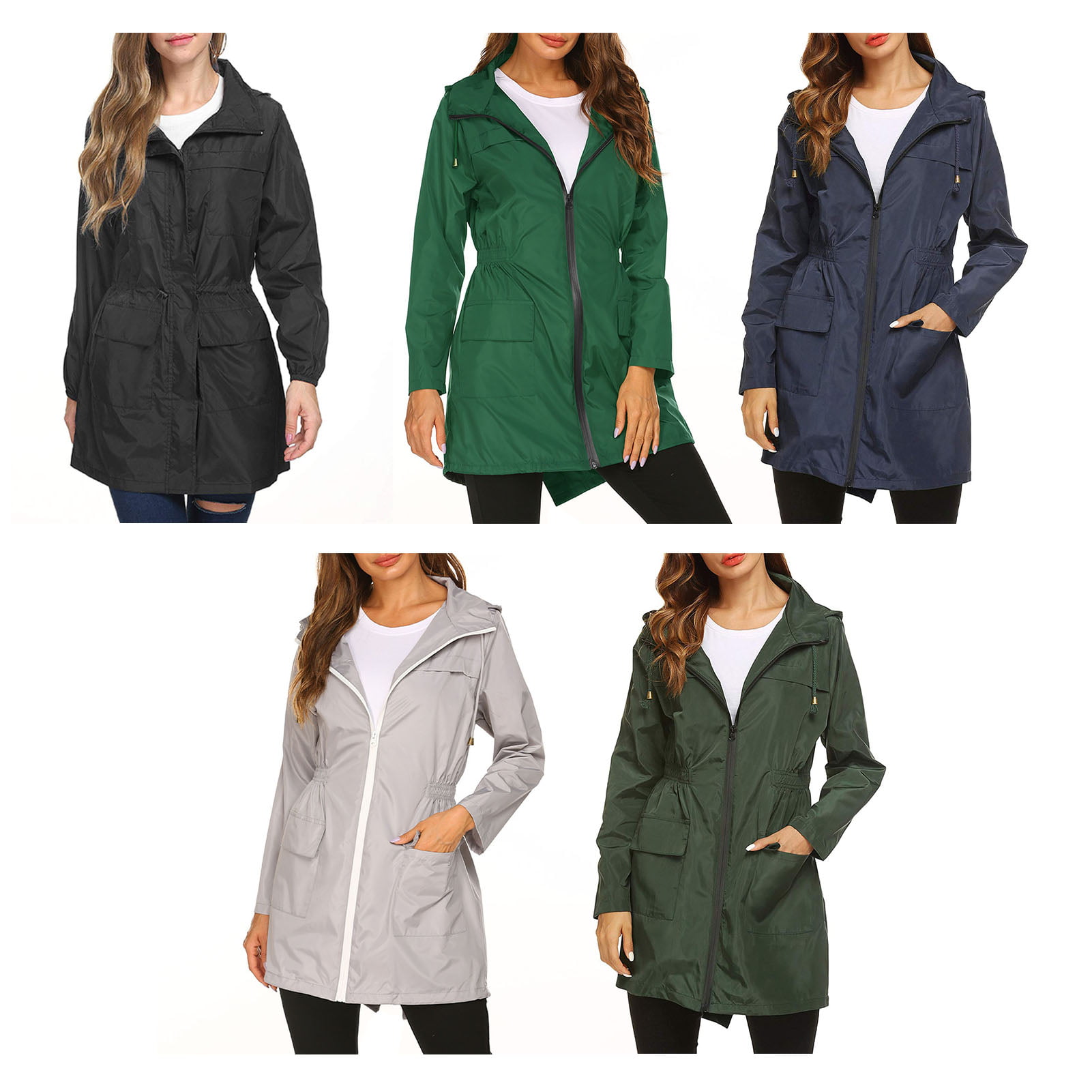 Womens Rain Jackets Raincoats Lightweight Zipper-Up Long Sleeve Hoodie Waterproof Windproof Coats Elastic Waisted S-2XL 