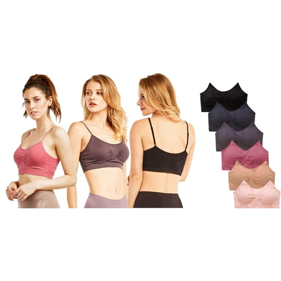 Women's Seamless Sports Bra with Removable Pads, One Size, 6-Pack (Black/Bluish Grey/Brownish Grey/Pink Grey/Dusty Rose/L.Beige)