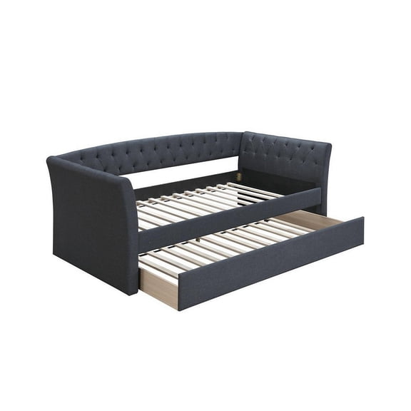 Benjara Alma Classic Wood Daybed with Trundle, Button Tufted, Charcoal Burlap