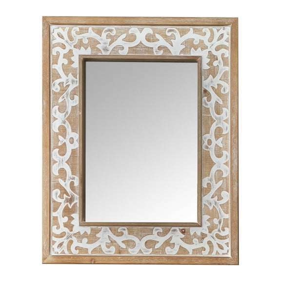 Parisloft 33.9" Tall Rectangle Carved Wood Wall Mirror, Farmhouse Mirror with Natural Wood Frame with Whitewashed Detail for Bathroom, Entry, Living Room