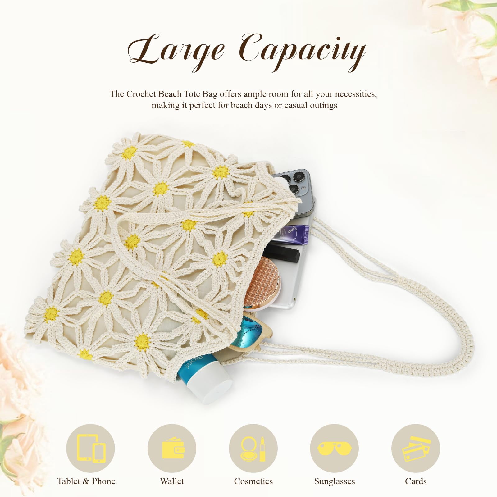 Women's Summer Crocheted Beach Tote Bag, Mesh Floral Knit Shoulder Bag