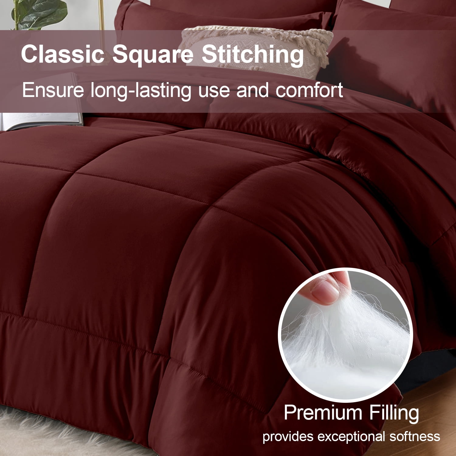Flymme Queen Comforter Set Burgundy Bed in a Bag Queen Size 7 Pieces Soft Bed Set for All Seasons Lightweight Microfibe Red Bedding Set for Women Man