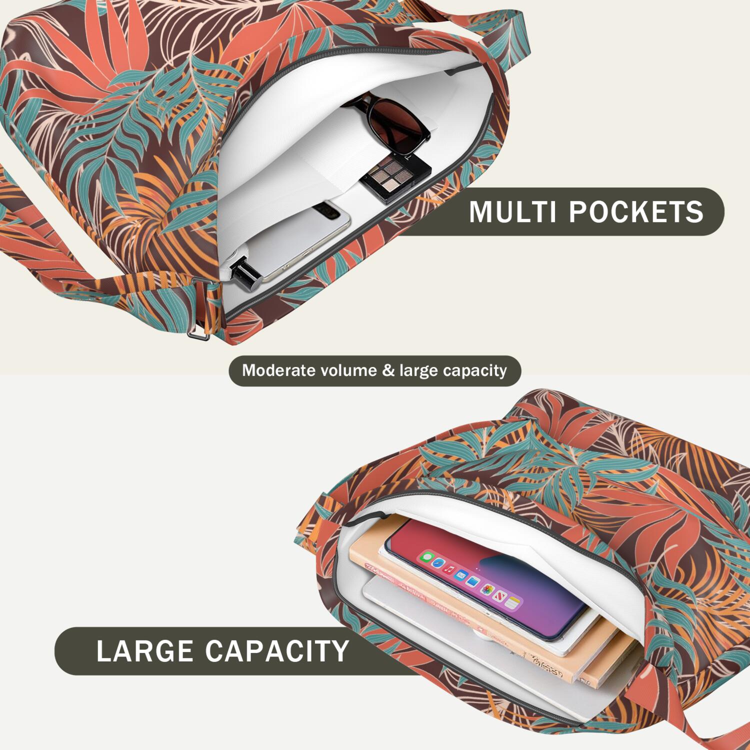Tropical Palm Leaf Shoulder Bag for Women - Large Capacity Minimalist Travel Purse with Adjustable Strap & Multi-Pocket Design