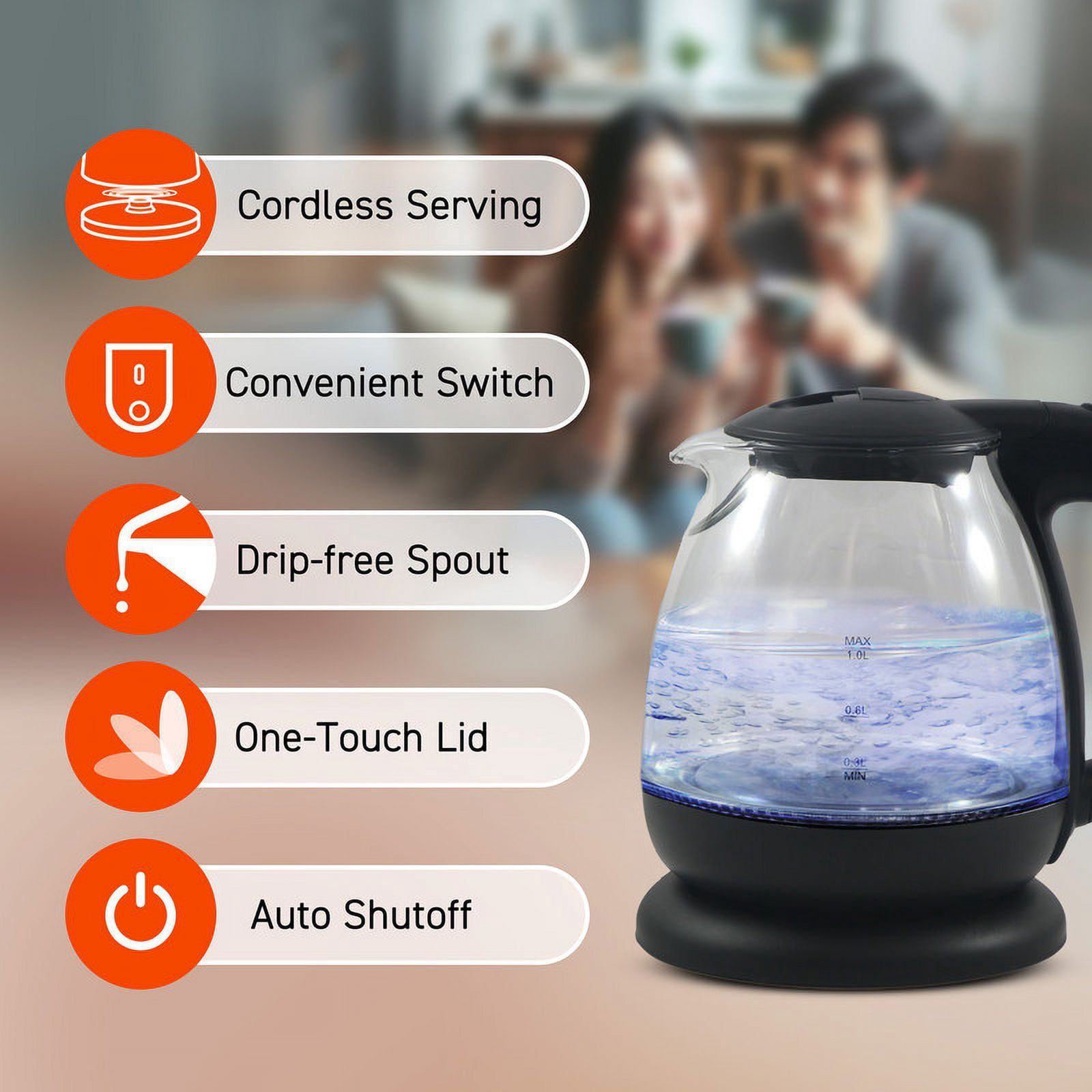 Elite Cuisine EKT0501 1L Electric Glass Water Kettle, Black