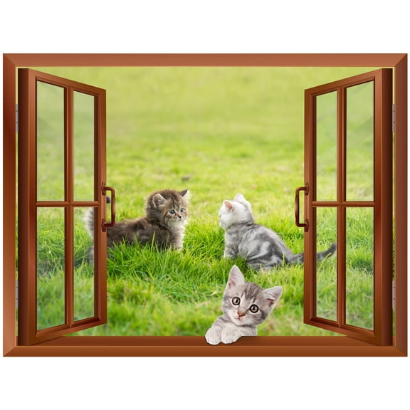 wall26 - Three Little Kittens Playing on The Grass Outside of an Open Window | Removable Wall Sticker/Wall Mural - 36"x48"
