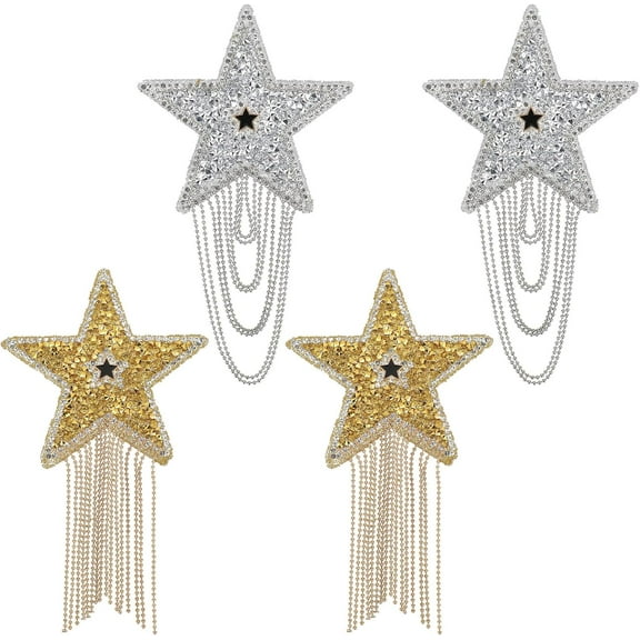 4 Pcs Rhinestone Patches Iron on Star Applique Repair Patch with Tassel Chain, Sparkling Clothes Repair Patches Appliques Badge for Hats Clothing Dress Craft DIY Decoration