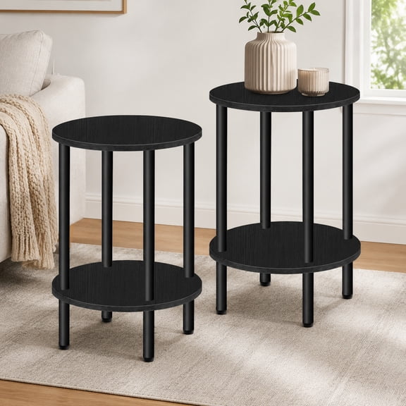Side Table Set of 2, 2-Tier Round End Tables, Small Nightstands with Metal Frame, Industrial Style Coffee Tables for Living Room and Bedroom, Black