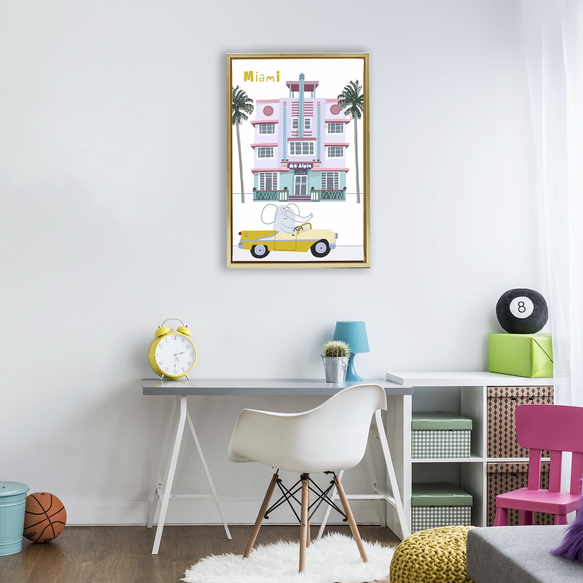 Elephant & Miami Hotel Gold Framed Floater Canvas Wall Art, design by Carla Daly