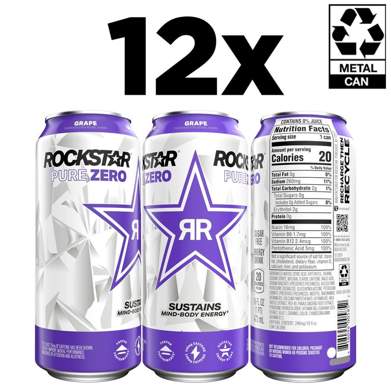 Rockstar Pure Zero Energy Drink, Grape, BSL1 0 Sugar, with