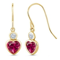 Gem Stone King 14K Yellow Gold Dangle Earrings Heart Shape Created Ruby Moissanite (1.40 Cttw)