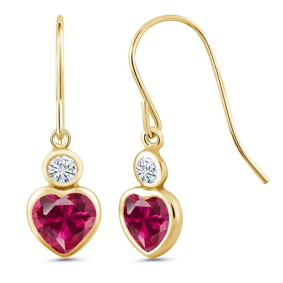 Gem Stone King 14K Yellow Gold Dangle Earrings Heart Shape Created Ruby Moissanite (1.40 Cttw)