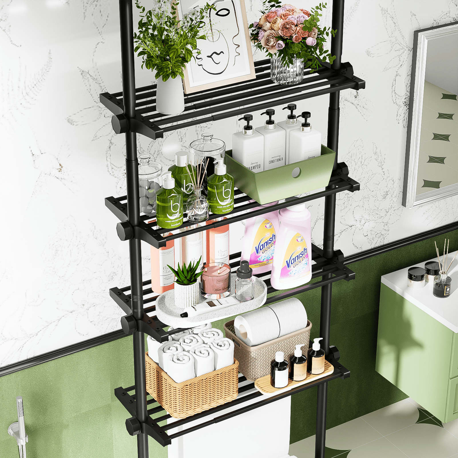 Yeabett 4-Tier over the Toilet Storage Shelf,bathroom Organizer Adjustable Saver Space Rack,no Drill Tension Mounted Shelves,Bathroom Cabinet Rack Above Toilet for Small Rooms,Black