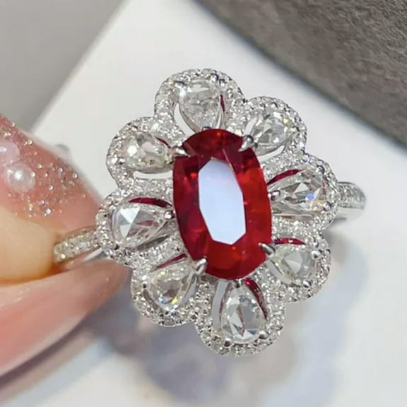 GKNET 925 Silver Flower Ring Oval Red Zircon Stone Womens Retro Silver Rings-7