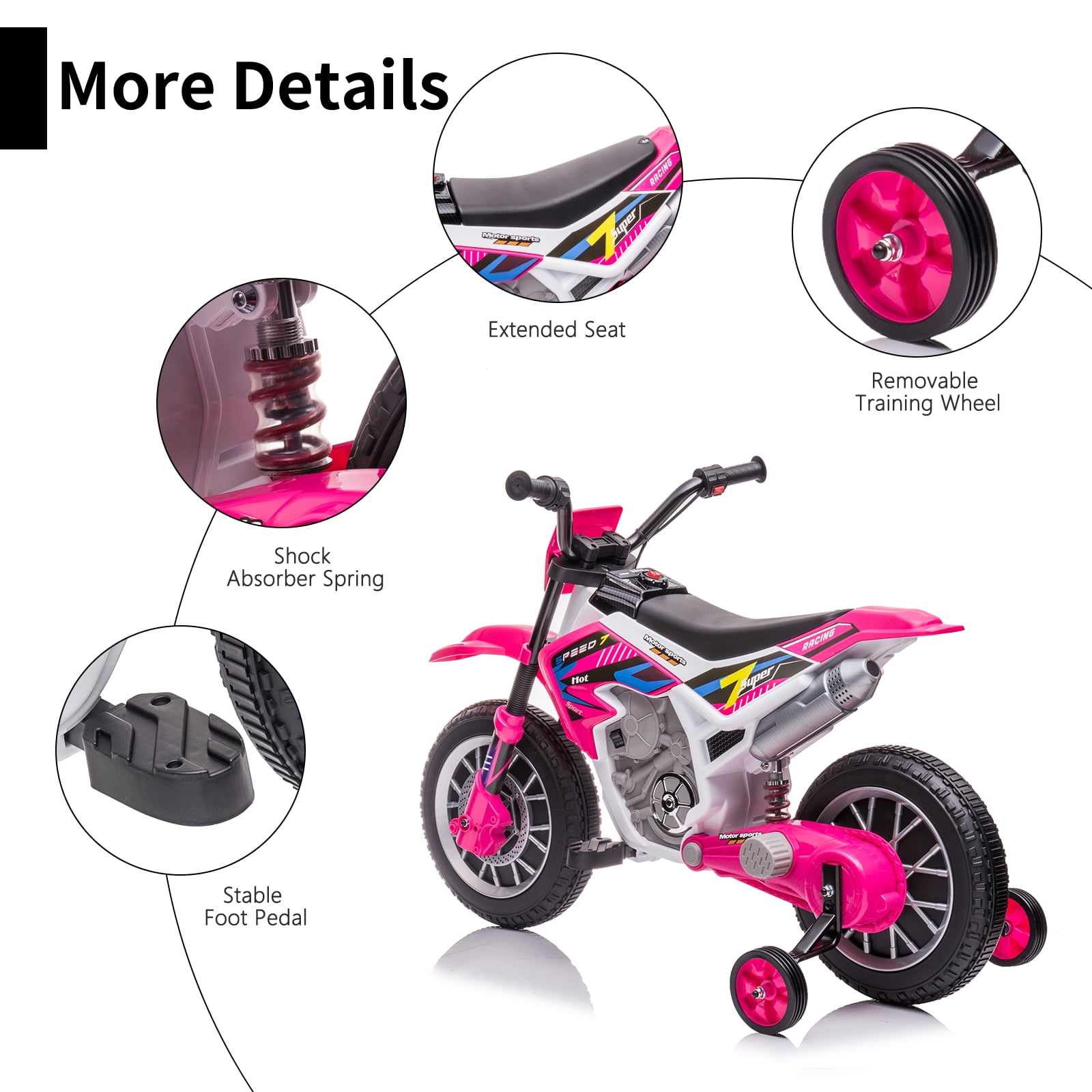 FINITO 12V Kids Ride on Motorcycle 4 Wheels Battery Powered Car Toy with 2 Training Wheels Music Player Electric Motorbike Gift for Boys Girls Age 3+, Rose Red