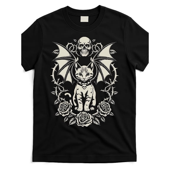 Men's Gothic Bat Wing Skull Cat Graphic Cotton T-Shirt