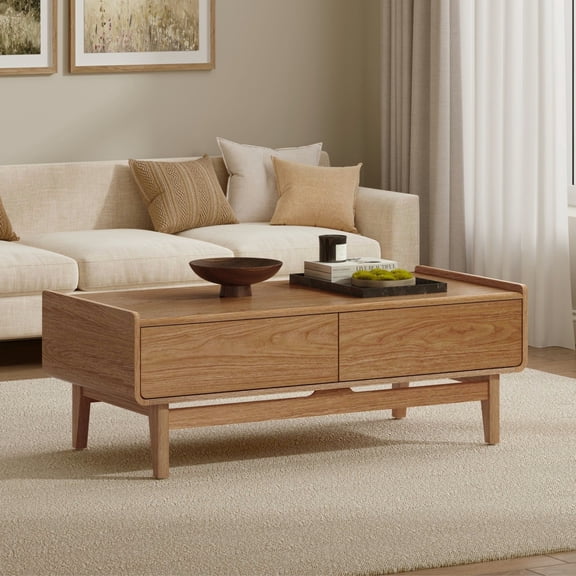 LuxenHome 47" Mid Century Modern Oak Coffee Table with Storage, Large Wooden Coffee Table for Living Room