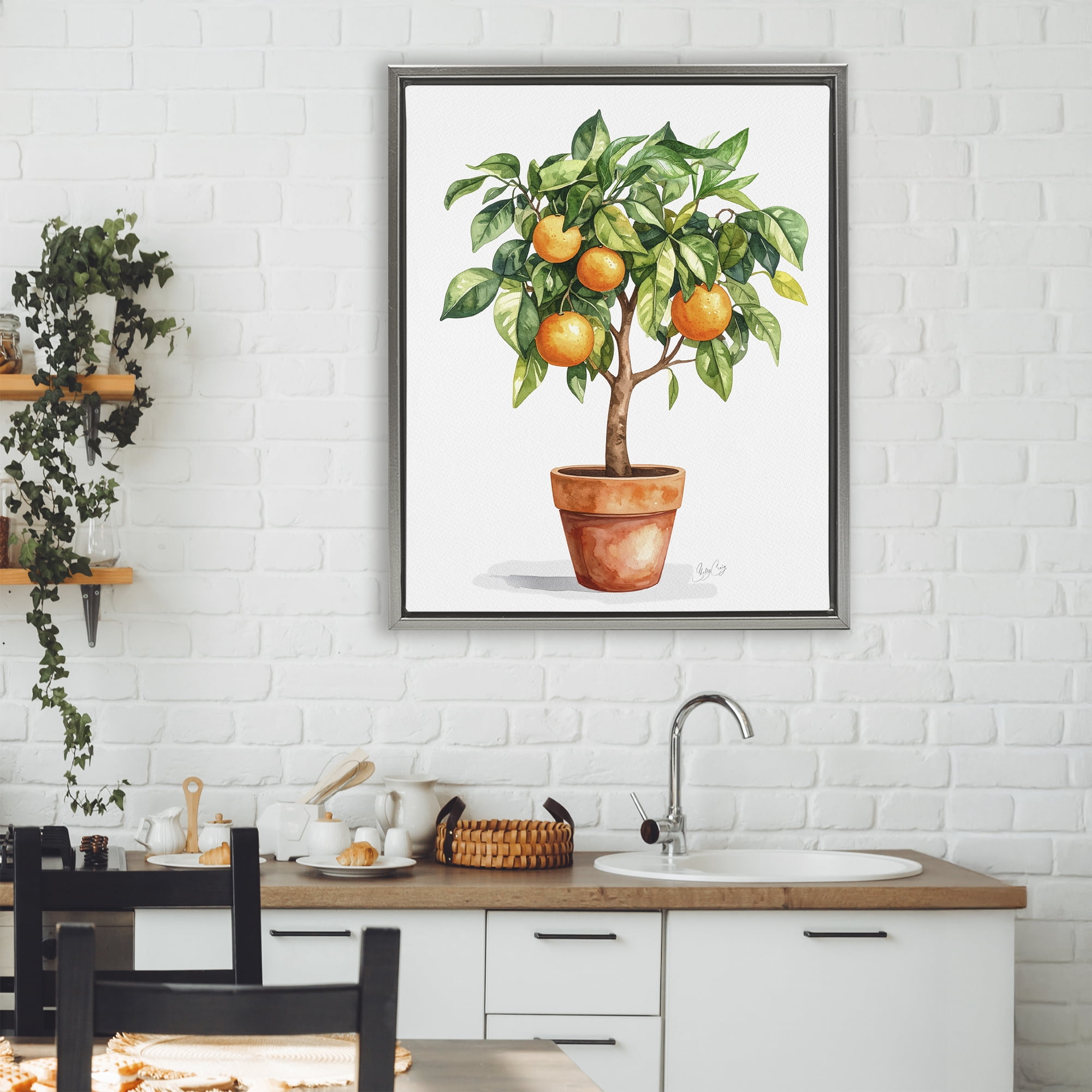 Stupell Industries Potted Orange Tree Gray Framed Floater Canvas Wall Art, design by Shelly Craig