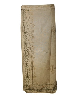 Mogul Women Wrap Around Skirt Embroidered Beige Stonewash Cover Up Skirts