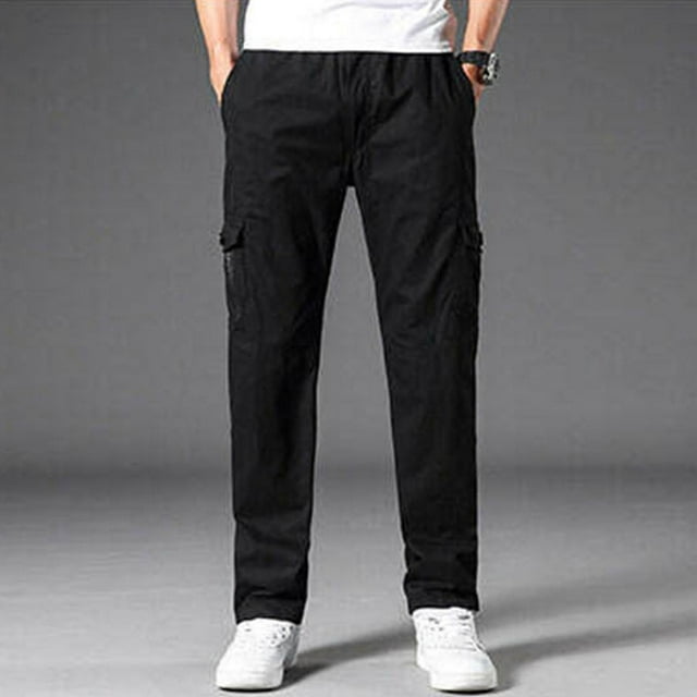 Navy Blue Denim Jeans For Men Work Sweatpants Mens Lightweight Pull On Zip Fly Drawstring Cargo Pants Elastic Waist Relaxed Fit 6 Pockets