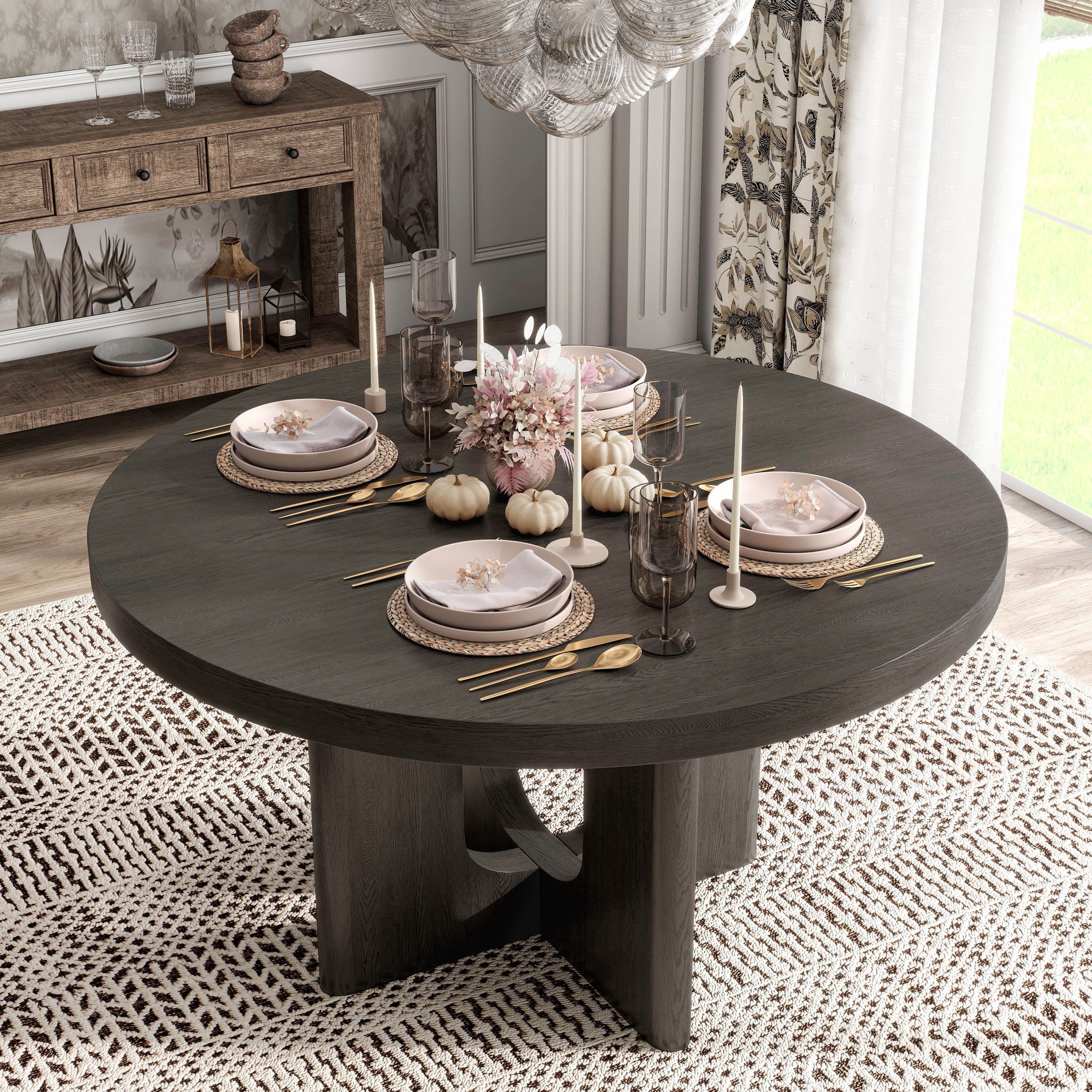 Furniture of America Cheri 54" Solid Wood Round Indoor Dining Table, Ash Grey