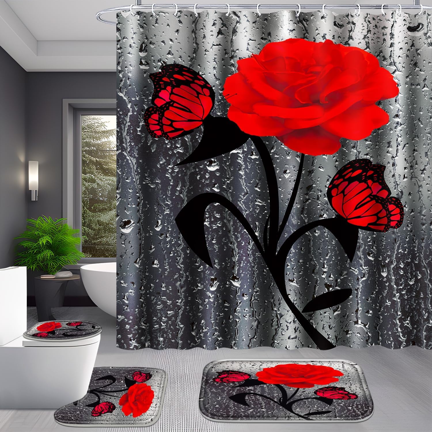 4 Pcs Bathroom Set,Orange Rose Shower Curtain Sets, Romantic Shower Curtain Sets with Rugs(Bath Mat,U Shape and Toilet Lid Cover Mat) and 12 Hooks