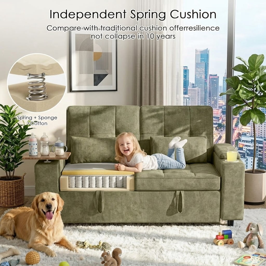 Howcool 65" Sleeper Sofa Bed, 3-in-1 Convertible Pull Out Couch Bed with Tray Table & Cup Holders, Chenille Loveseat Sofa with Adjustable Backrest for Living Room, Apartment(Green)