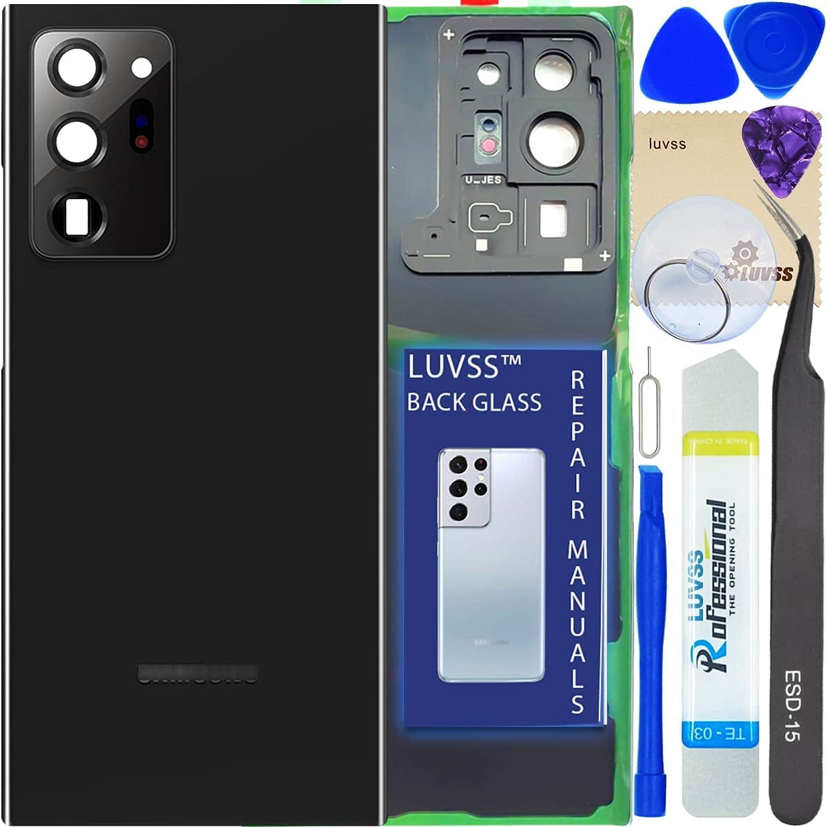 Midnight Black LUVSS Glass for Samsung Galaxy Note 8 SM-N950 Backing Glass Replacement Panel Cover Case Housing Camera Lens with Repair Manual DIY Tools Kit 