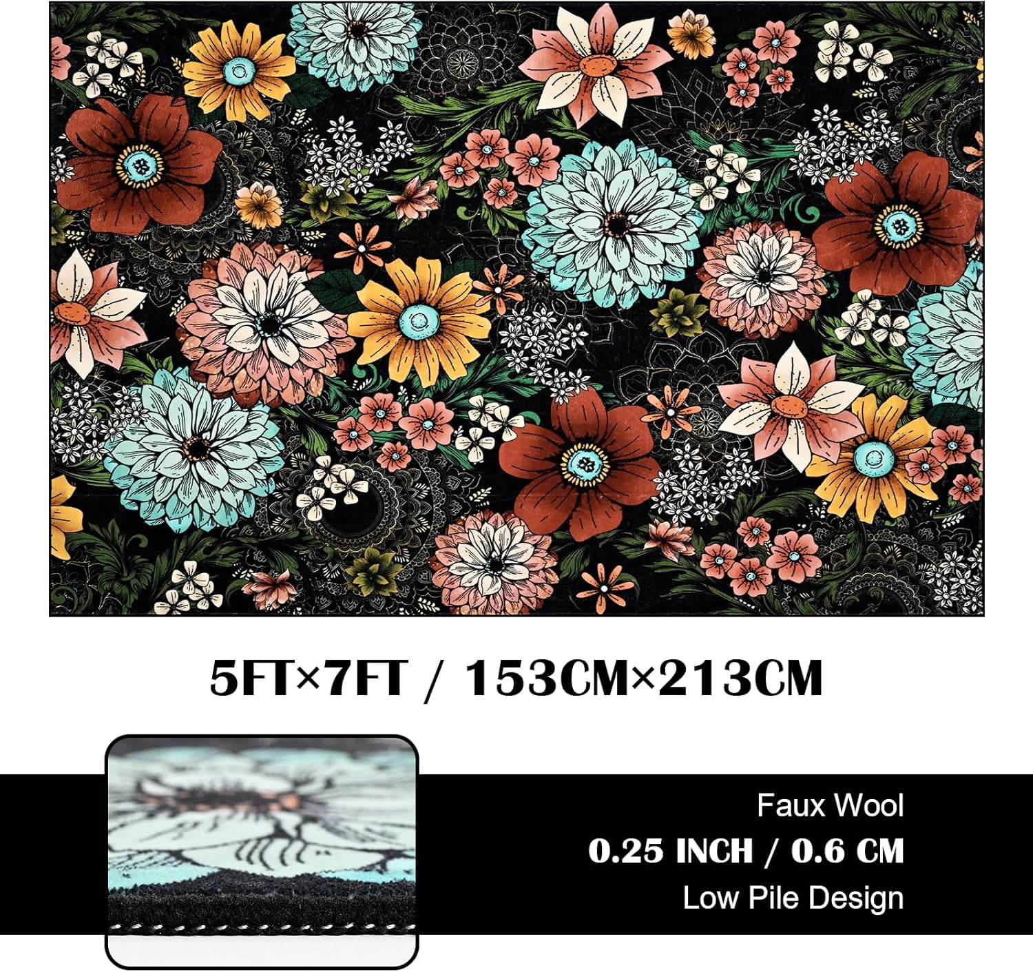 BLEUM CADE Boho Floral Area Rugs for Living Room 5x7, Washable Soft Faux Wool Rug Carpet for Bedroom