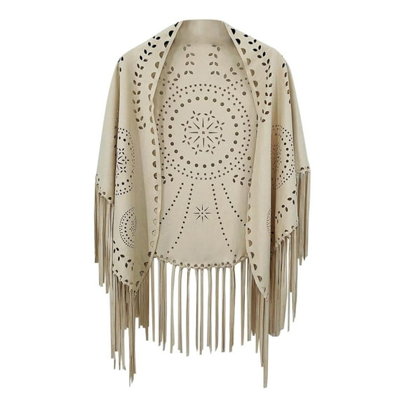 UJNDER Elegant Women's Loose Suede Fringes Open Cape Poncho Scarf with Punch Pattern for Graceful White