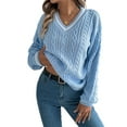 thumbnail image 2 of Women'S Long Sleeve V Neck Cable Knit Sweater 2025 Fall Pullover Top Cute Soft Dressy Casual Outfits Blue M, 2 of 9