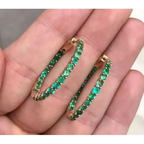 14K Rose Gold Plated 2.00Ct Round Cut Lab Created Emerald Women's Hoop Earring 925 Sterling Silver