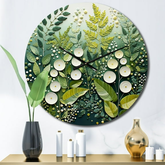 Designart "Green And White Ferns Plant delicate Whispers" Floral Oversized Wall Clock