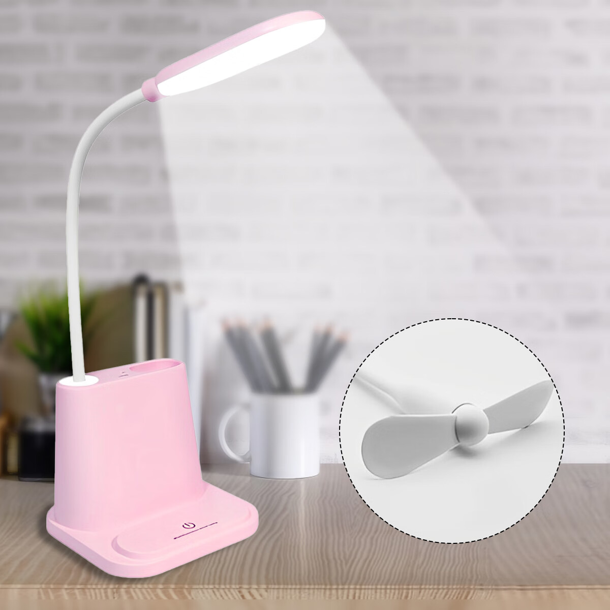 Desk Lamp 1200mAh LED Desk Light with Pen/Phone Holder USB Fan Dimmable
