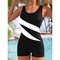 thumbnail image 2 of Women's Athletic Tank Top One‑Piece Boyleg Swimsuit, Black White Striped Print Quick Dry Sun Protection Beach Bathing Suit, 2 of 3